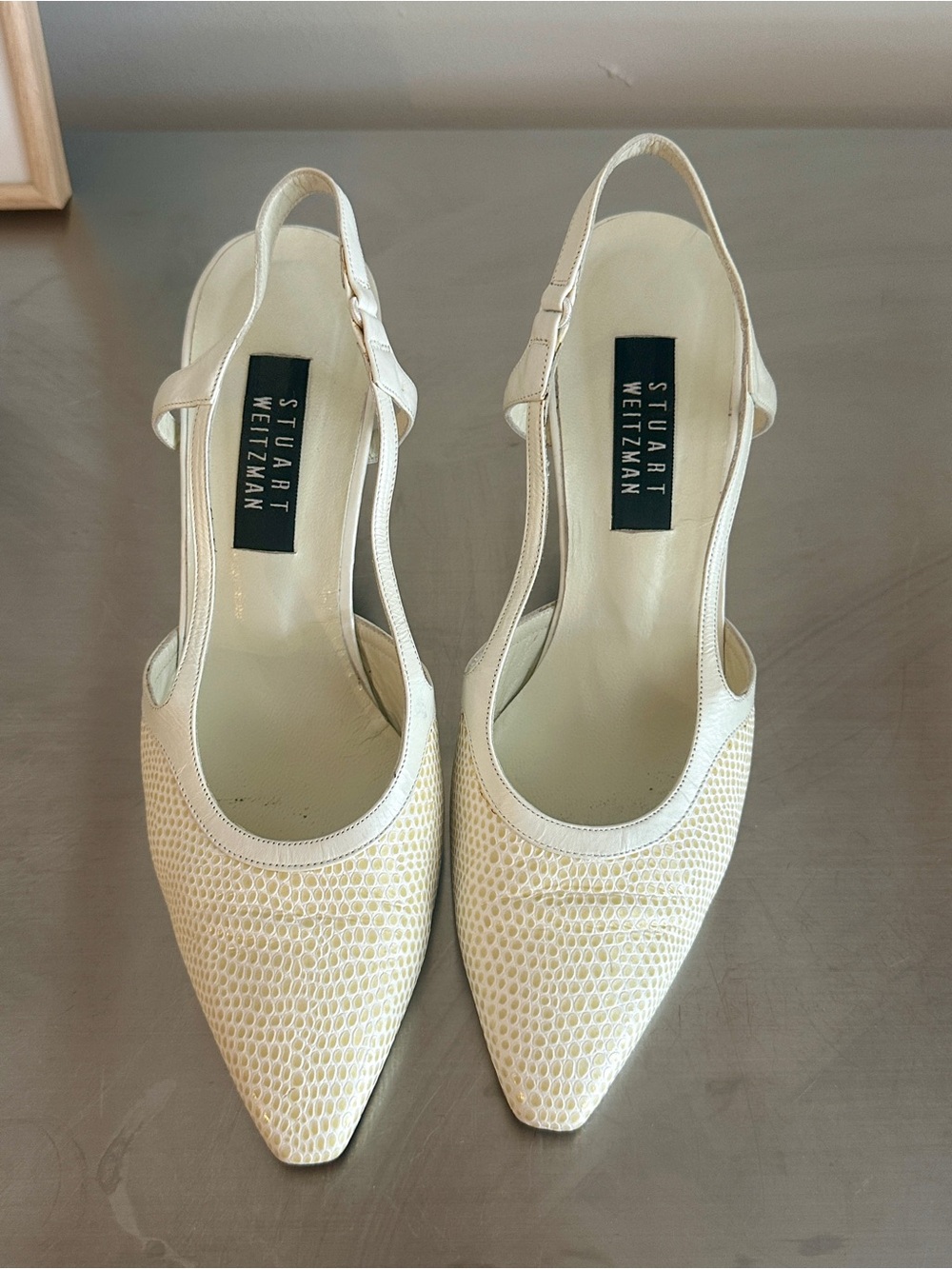 Stuart Weitzman Cream Slingback Pointed-Toe Kitten Heels